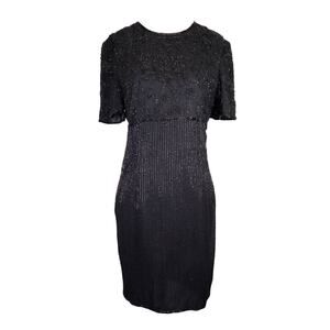 Parisian Room Dress Womens 12 Silk Black Beaded Lined Shoulder Pads LBD Vintage